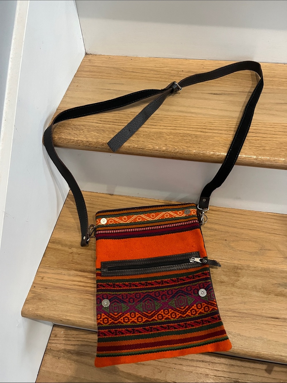 Patterned Orange Crossbody Bag with Black Strap